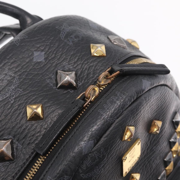 MCM Vicetos Logogram Studs Backpack Leather Black Gold Silver Auth 212042
