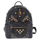 MCM Vicetos Logogram Studs Backpack Leather Black Gold Silver Auth 212042-2