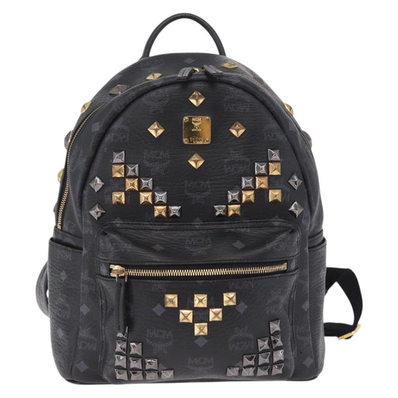 MCM Vicetos Logogram Studs Backpack Leather Black Gold Silver Auth 212042