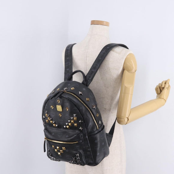 MCM Vicetos Logogram Studs Backpack Leather Black Gold Silver Auth 212042