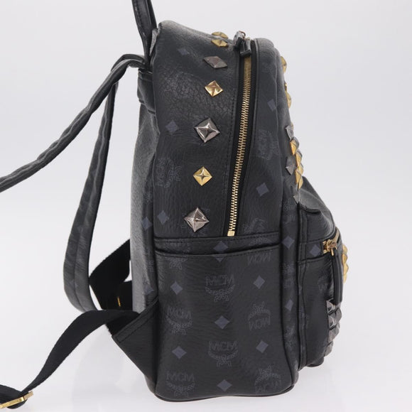 MCM Vicetos Logogram Studs Backpack Leather Black Gold Silver Auth 212042