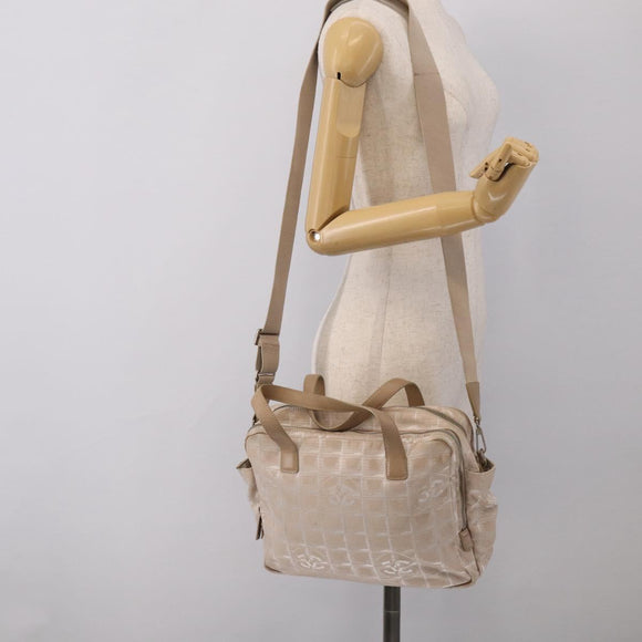 CHANEL New Travel Line Hand Bag Canvas 2way Beige Silver CC Auth 212044A