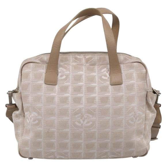 CHANEL New Travel Line Hand Bag Canvas 2way Beige Silver CC Auth 212044A