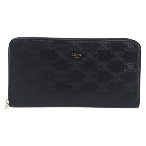 CELINE Triomphe Long Wallet Leather Black Gold Auth 212057M