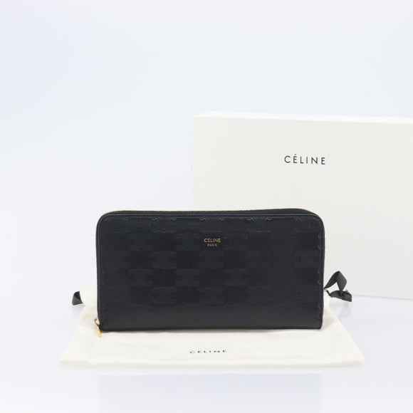 CELINE Triomphe Long Wallet Leather Black Gold Auth 212057M