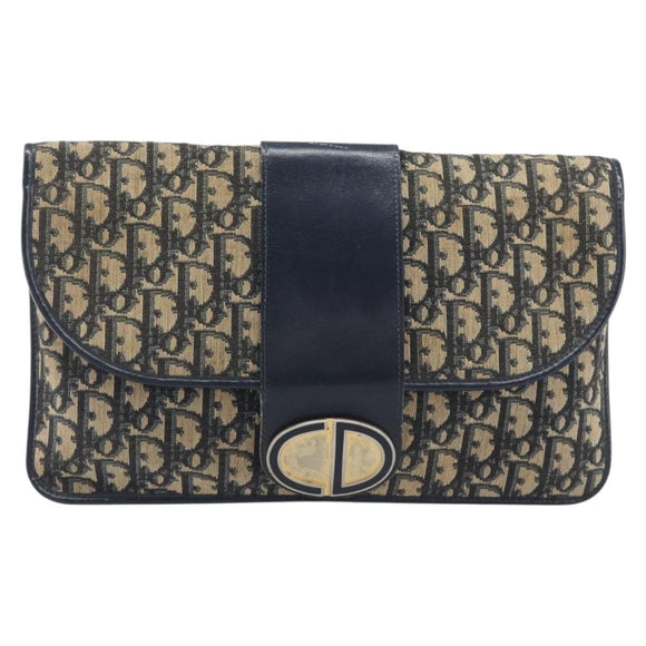 Christian Dior Trotter Canvas Clutch Bag Navy Gold Auth 212080
