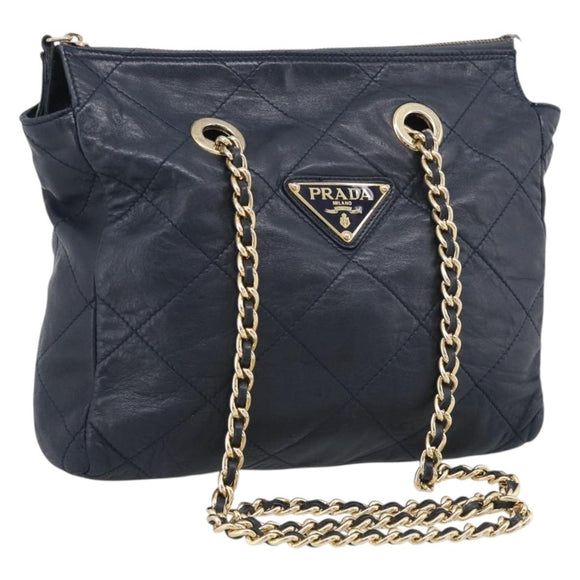 PRADA Chain Shoulder Bag Leather Navy Gold Auth 212105