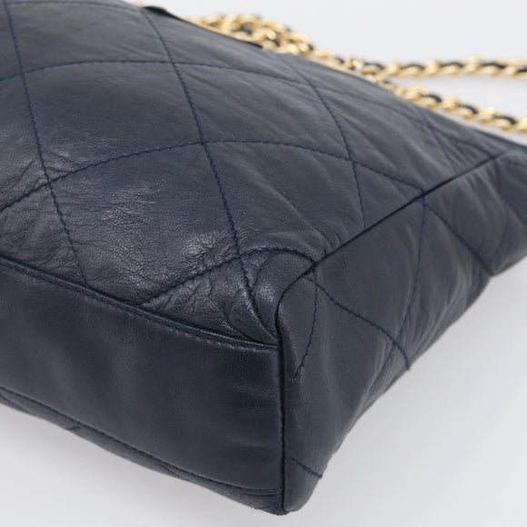 PRADA Chain Shoulder Bag Leather Navy Gold Auth 212105