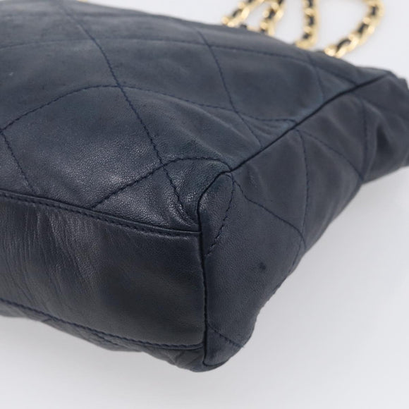 PRADA Chain Shoulder Bag Leather Navy Gold Auth 212105