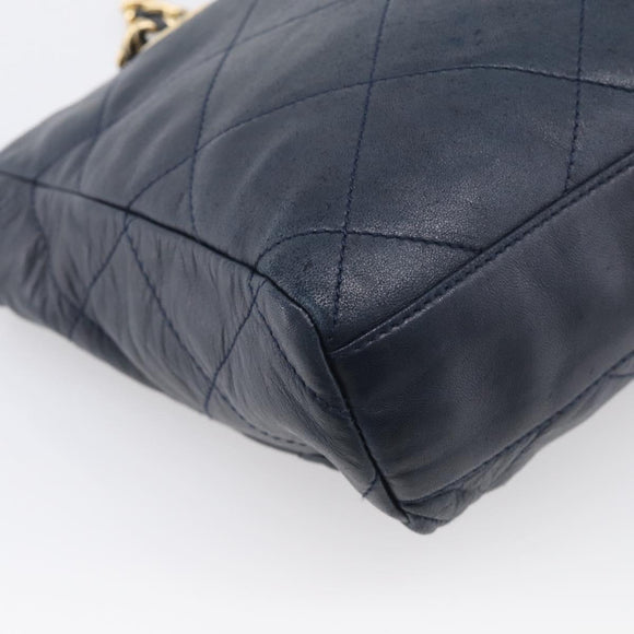 PRADA Chain Shoulder Bag Leather Navy Gold Auth 212105