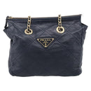 PRADA Chain Shoulder Bag Leather Navy Gold Auth 212105-2
