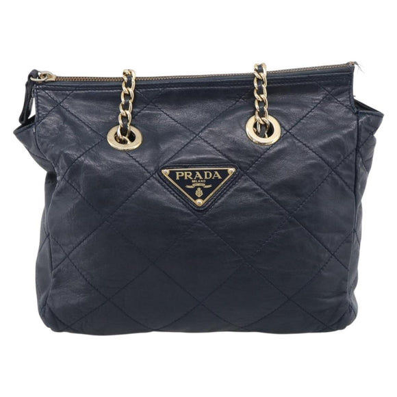 PRADA Chain Shoulder Bag Leather Navy Gold Auth 212105