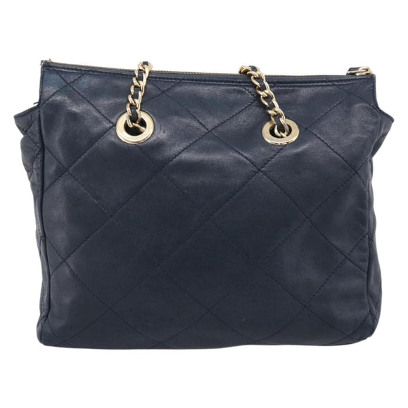 PRADA Chain Shoulder Bag Leather Navy Gold Auth 212105