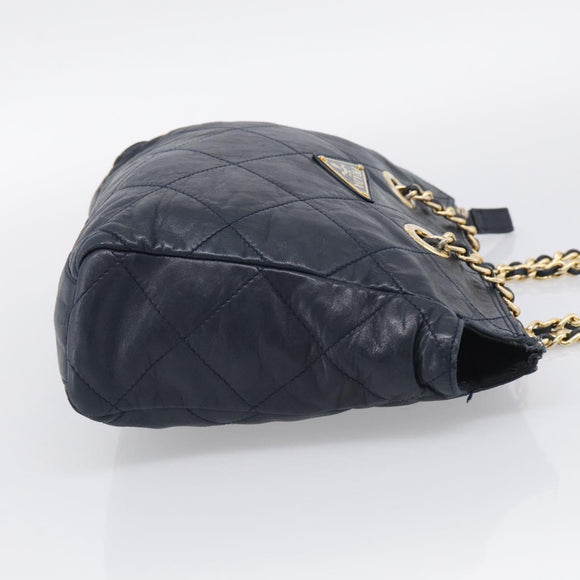 PRADA Chain Shoulder Bag Leather Navy Gold Auth 212105
