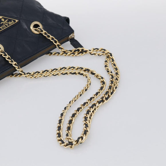 PRADA Chain Shoulder Bag Leather Navy Gold Auth 212105