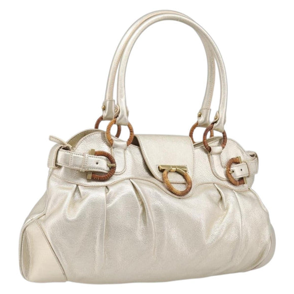 Salvatore Ferragamo Gancini Hand Bag Leather Gold Auth 212110A