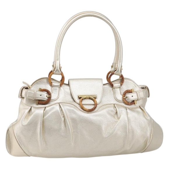 Salvatore Ferragamo Gancini Hand Bag Leather Gold Auth 212110A