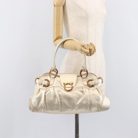 Salvatore Ferragamo Gancini Hand Bag Leather Gold Auth 212110A
