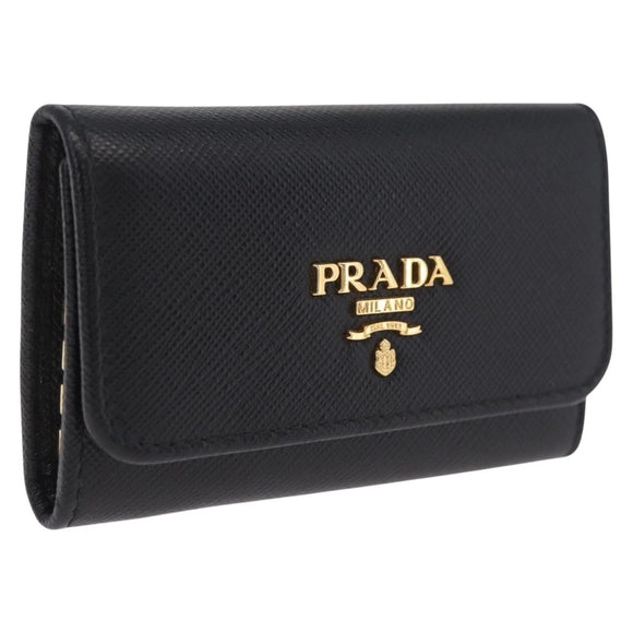 PRADA Key Case Safiano Leather Black Gold Auth 212121M