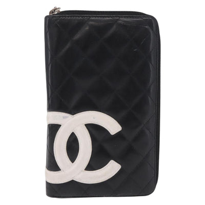 CHANEL Matelasse Cambon Line Long Wallet Lamb Skin Black Silver CC Auth 212124 - 0