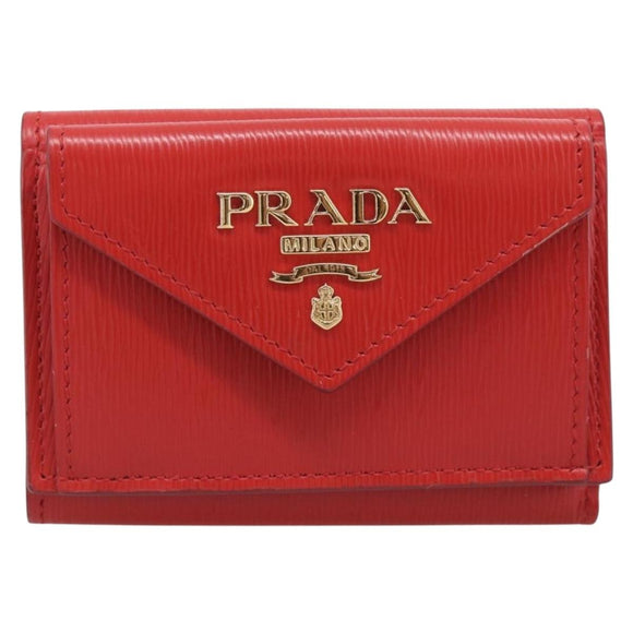 PRADA Trifold Wallet Leather Red Gold Tone Auth 212128M
