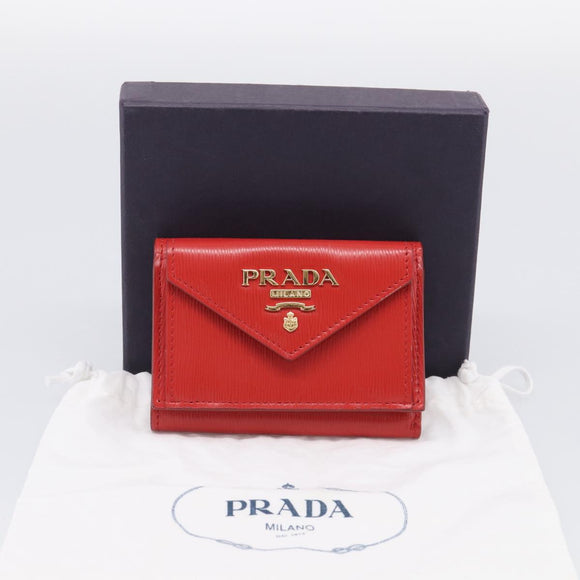 PRADA Trifold Wallet Leather Red Gold Tone Auth 212128M