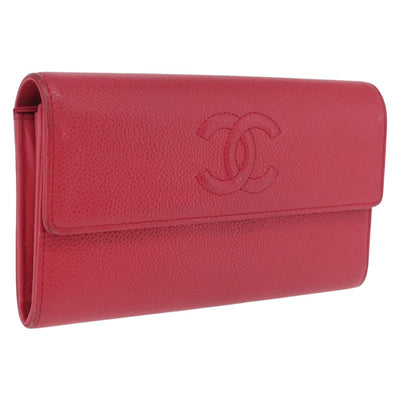 CHANEL Matelasse Long Wallet Caviar Skin Pink Silver CC Auth 212152A