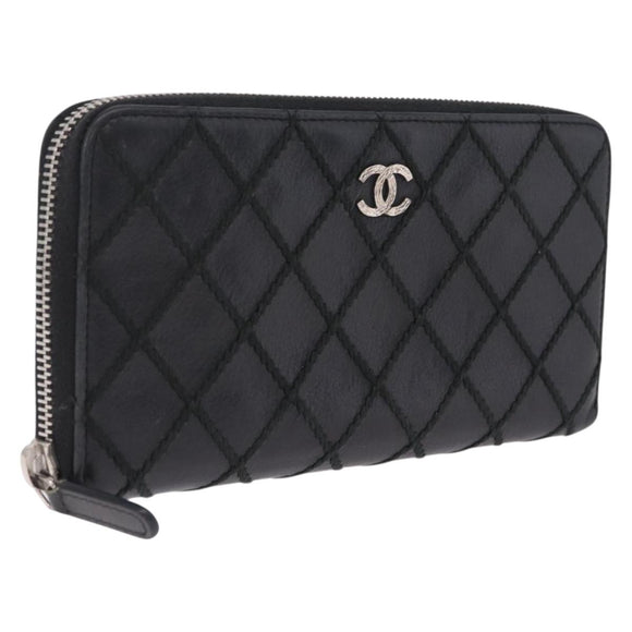 CHANEL Wild Stitch Long Wallet Leather Black Silver CC Auth 212153V