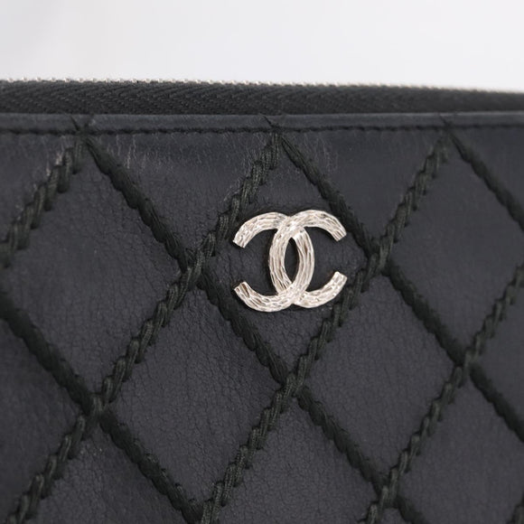 CHANEL Wild Stitch Long Wallet Leather Black Silver CC Auth 212153V