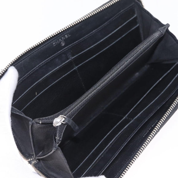 CHANEL Wild Stitch Long Wallet Leather Black Silver CC Auth 212153V