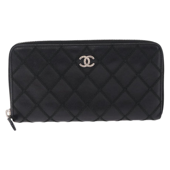 CHANEL Wild Stitch Long Wallet Leather Black Silver CC Auth 212153V