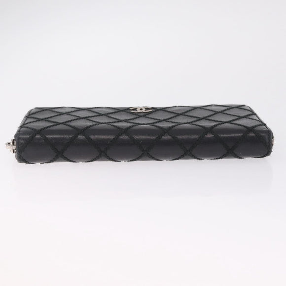 CHANEL Wild Stitch Long Wallet Leather Black Silver CC Auth 212153V
