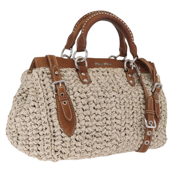 Miu Miu Hand Bag leather Straw 2way Beige Silver Auth 212426M