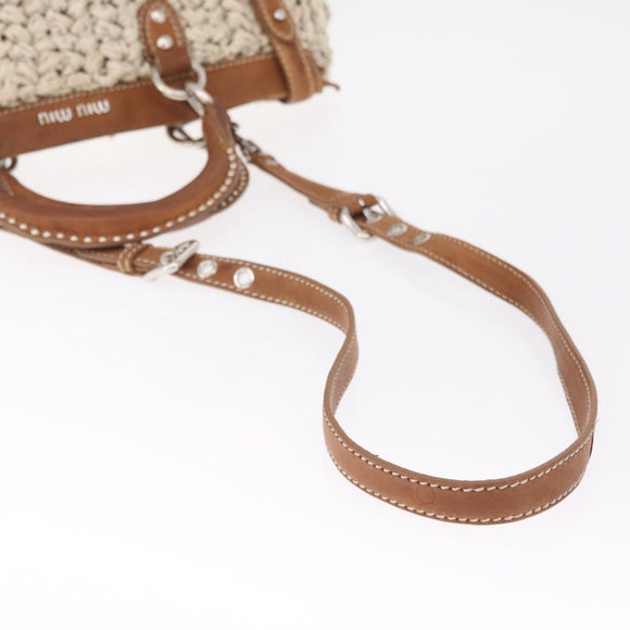 Miu Miu Hand Bag leather Straw 2way Beige Silver Auth 212426M