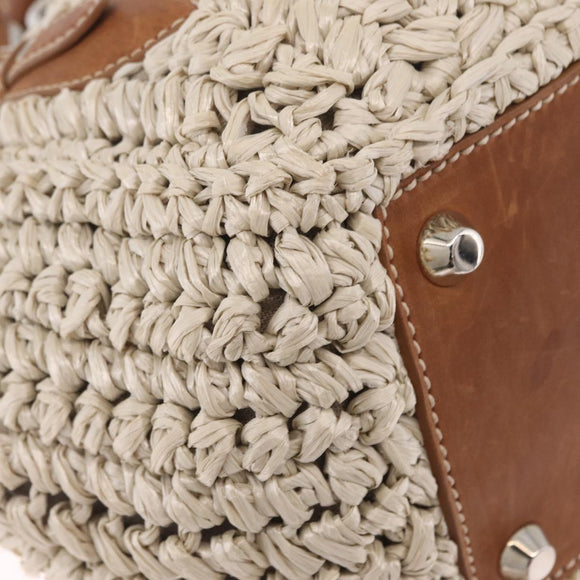 Miu Miu Hand Bag leather Straw 2way Beige Silver Auth 212426M