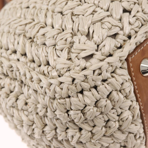 Miu Miu Hand Bag leather Straw 2way Beige Silver Auth 212426M