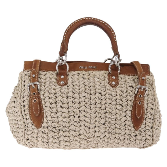 Miu Miu Hand Bag leather Straw 2way Beige Silver Auth 212426M