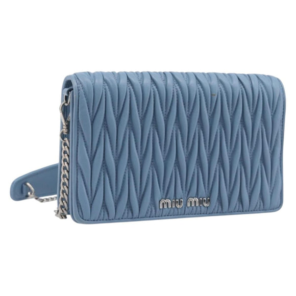 Miu Miu Matelasse Chain Shoulder Bag Leather Silver Light Blue Auth 212448SAM