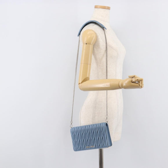 Miu Miu Matelasse Chain Shoulder Bag Leather Silver Light Blue Auth 212448SAM