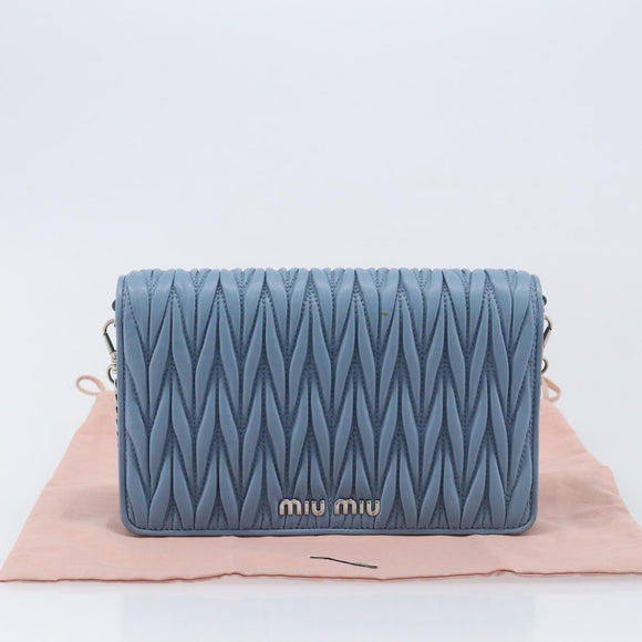 Miu Miu Matelasse Chain Shoulder Bag Leather Silver Light Blue Auth 212448SAM