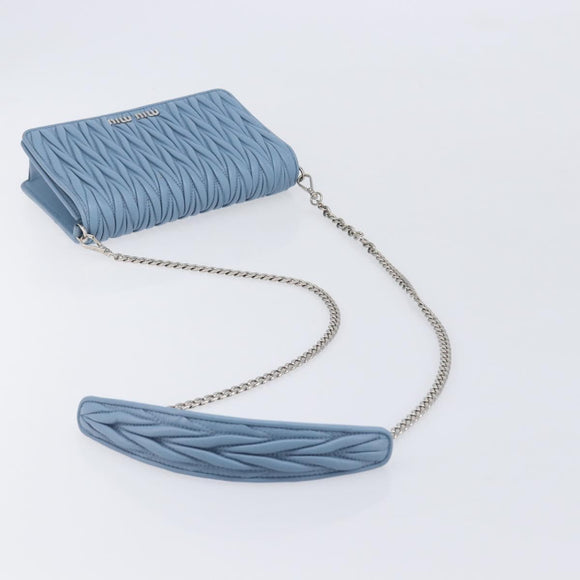 Miu Miu Matelasse Chain Shoulder Bag Leather Silver Light Blue Auth 212448SAM