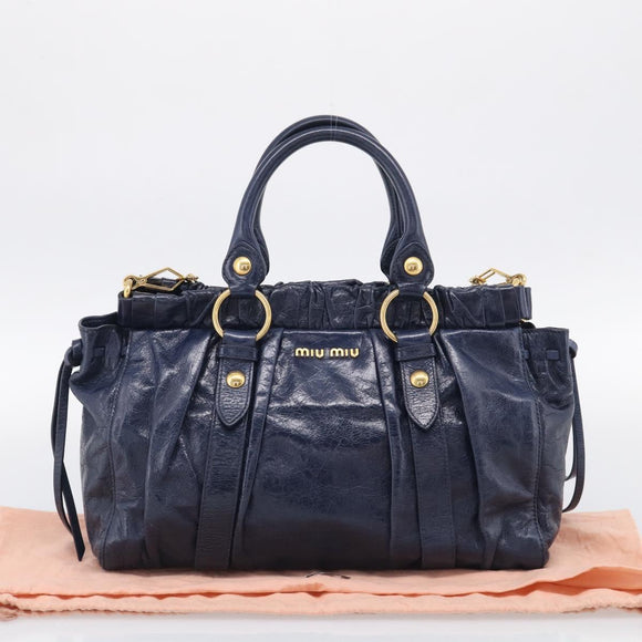 Miu Miu Hand Bag Leather 2way Navy Gold Auth 212475SAM