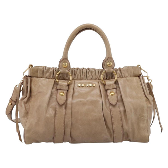 Miu Miu Hand Bag Leather 2way Beige Gold Auth 212492M
