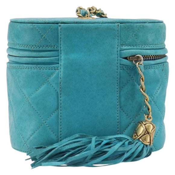 CHANEL Matelasse Vanity Shoulder Bag Lamb Skin Blue Gold CC Auth 212509