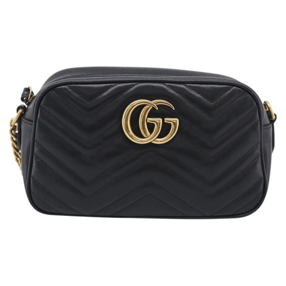GUCCI GG Marmont Shoulder Bag Leather Black Gold 447632 Auth 212516V