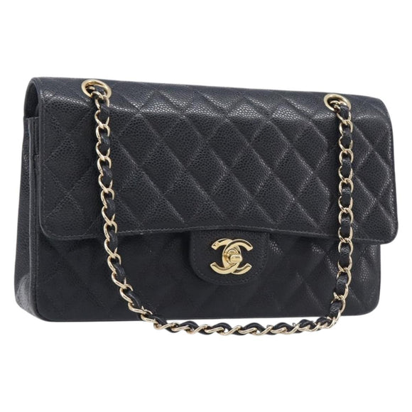 CHANEL Matelasse 25 Classic Double Flap Chain Caviar Skin Black CC Auth 212523SM