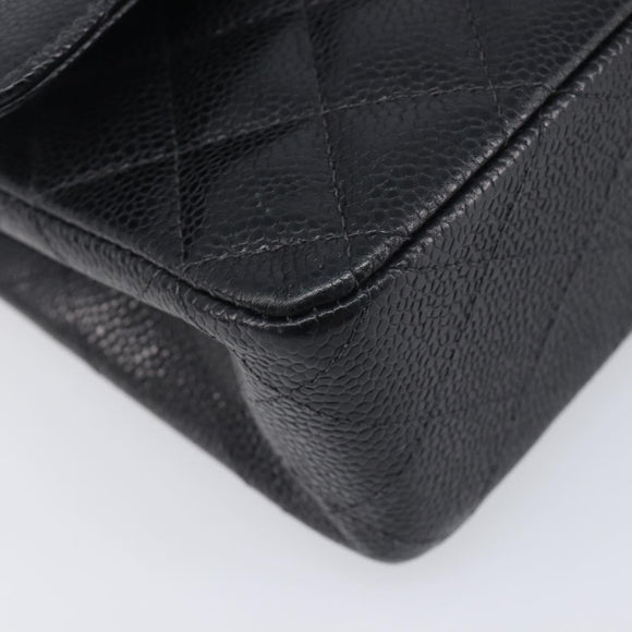 CHANEL Matelasse 25 Classic Double Flap Chain Caviar Skin Black CC Auth 212523SM
