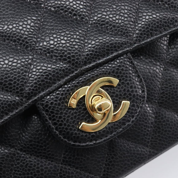 CHANEL Matelasse 25 Classic Double Flap Chain Caviar Skin Black CC Auth 212523SM