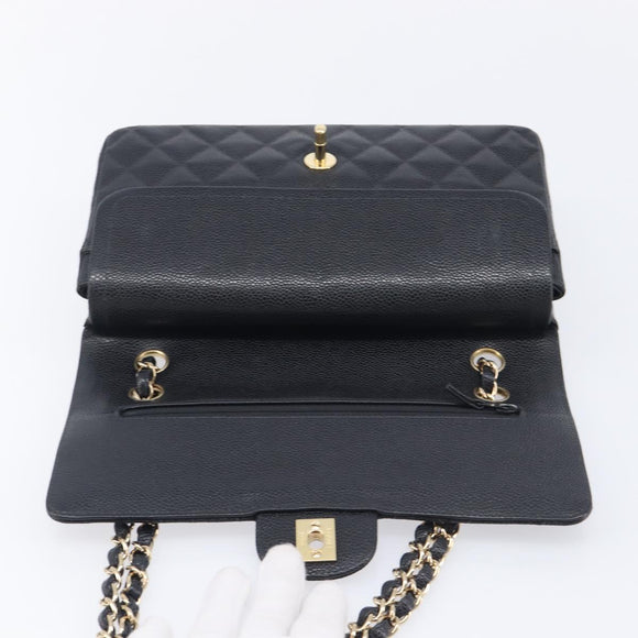 CHANEL Matelasse 25 Classic Double Flap Chain Caviar Skin Black CC Auth 212523SM