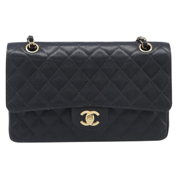 CHANEL Matelasse 25 Classic Double Flap Chain Caviar Skin Black CC Auth 212523SM